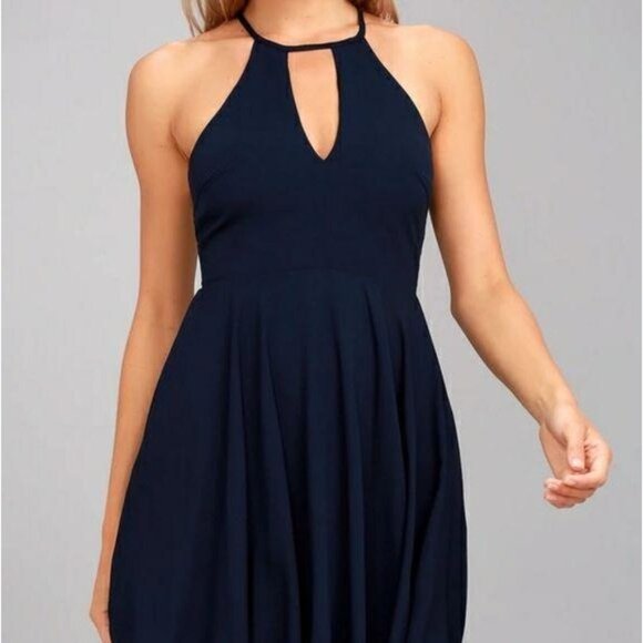 Lulus Navy Blue Keyhole Halter Dress Flared A-Line Sleeveless Back Zipper Size M - Picture 7 of 12